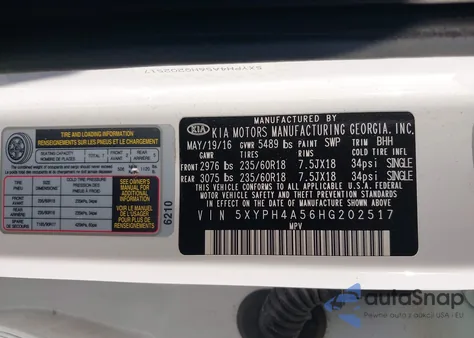 2017 Kia Sorento 3.3L Ex из США, поврежденный, VIN 5XYPH4A56HG202517